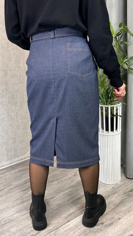 Klasyczna spódnica jeansowa midi granatowa z paskiem ołówkowa rozmiar 46 18 xxxl plus size obraz 4